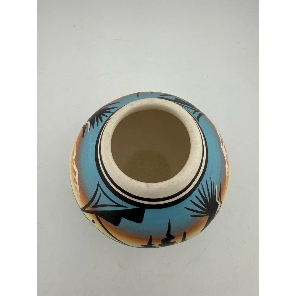 Southwestern Style Ceramic Pot Hand Painted Desert Scene‎ Bird Motif Signed